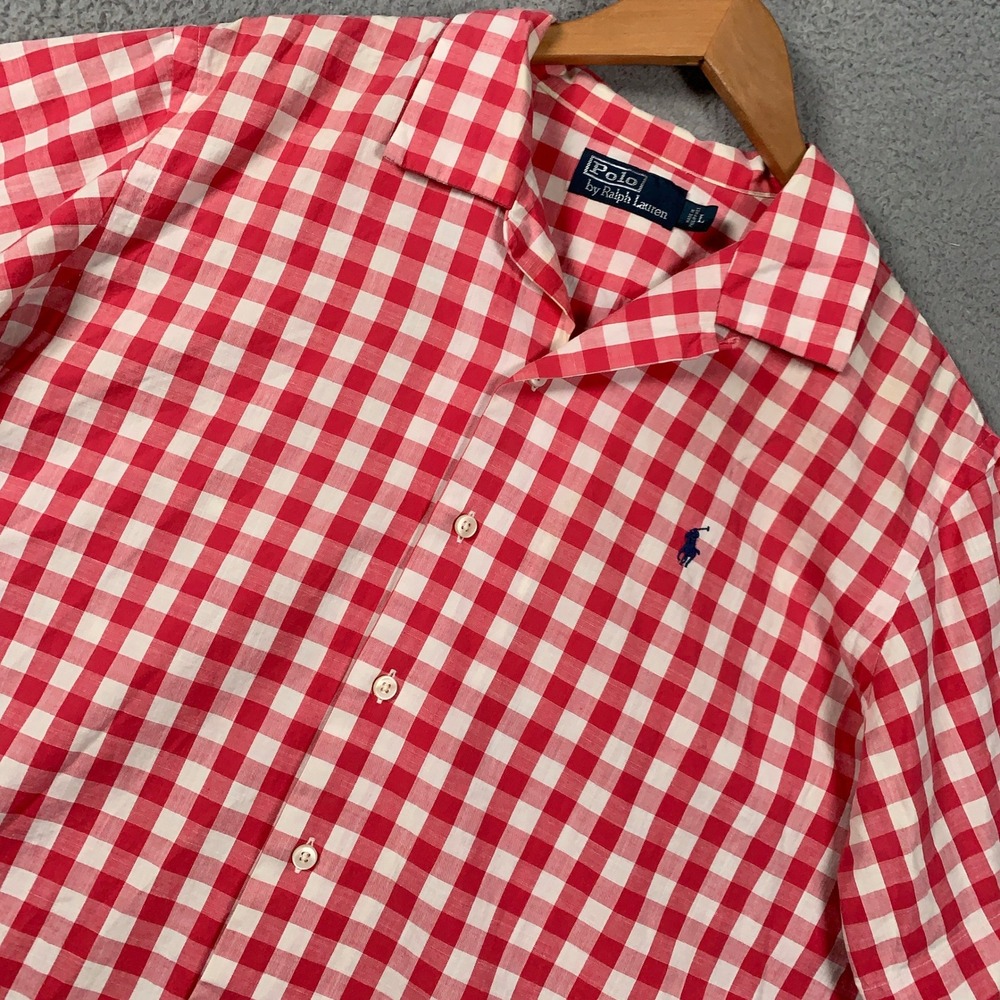Polo Ralph Lauren Gingham Camp Collar Shirt Men's Large L Red Short Sleeve